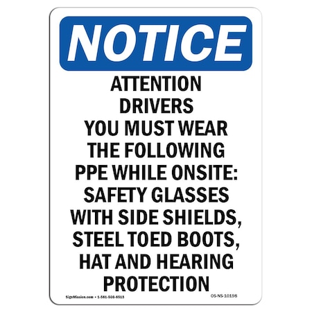 Signmission Safety Sign, OSHA Notice, 14" Height, Rigid Plastic, Attention Drivers You Must Wear Sign, Portrait OS-NS-P-1014-V-10198